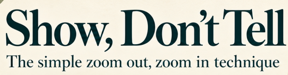 Show don’t tell: How to easily bring colour to your stories and heartbeats to your characters using a simple zoom out, zoom in technique.